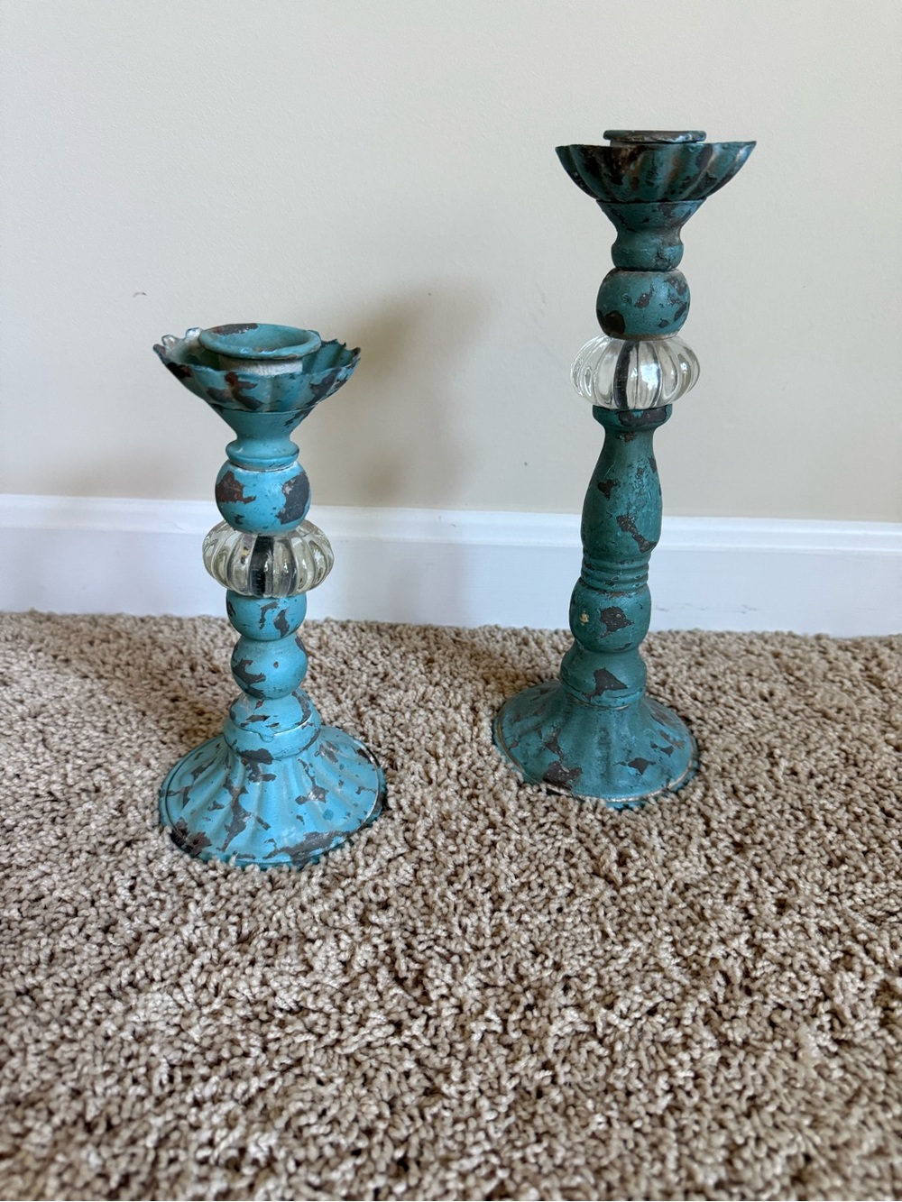 Distressed Turquoise Metal Candle Holders with Glass Accent - Set of 2
